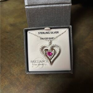 Brilliance Sterling Silver Double Heart Necklace with Pink Gem